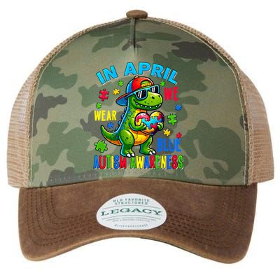 In April We Wear Blue Autism Awareness Month Dinosaur Trex Gift Legacy Tie Dye Trucker Hat