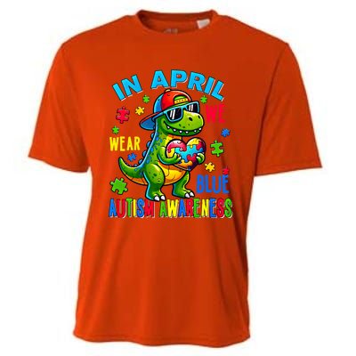 In April We Wear Blue Autism Awareness Month Dinosaur Trex Gift Cooling Performance Crew T-Shirt