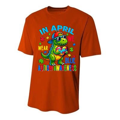 In April We Wear Blue Autism Awareness Month Dinosaur Trex Gift Performance Sprint T-Shirt