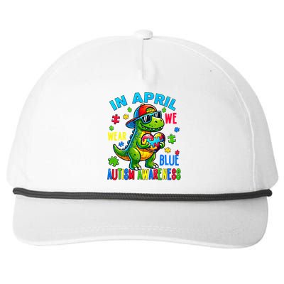 In April We Wear Blue Autism Awareness Month Dinosaur Trex Gift Snapback Five-Panel Rope Hat