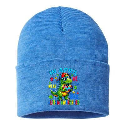 In April We Wear Blue Autism Awareness Month Dinosaur Trex Gift Sustainable Knit Beanie