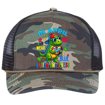 In April We Wear Blue Autism Awareness Month Dinosaur Trex Gift Retro Rope Trucker Hat Cap