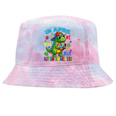 In April We Wear Blue Autism Awareness Month Dinosaur Trex Gift Tie-Dyed Bucket Hat