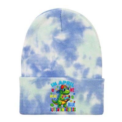 In April We Wear Blue Autism Awareness Month Dinosaur Trex Gift Tie Dye 12in Knit Beanie