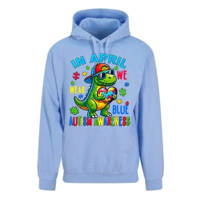 In April We Wear Blue Autism Awareness Month Dinosaur Trex Gift Unisex Surf Hoodie