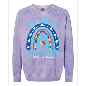 In April We Wear Blue Rainbow Autism Awareness Month Colorblast Crewneck Sweatshirt