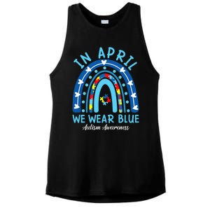 In April We Wear Blue Rainbow Autism Awareness Month Ladies PosiCharge Tri-Blend Wicking Tank