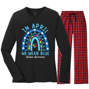 In April We Wear Blue Rainbow Autism Awareness Month Women's Long Sleeve Flannel Pajama Set 