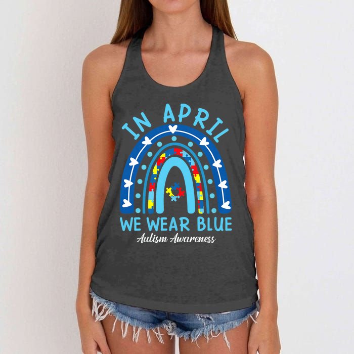 In April We Wear Blue Rainbow Autism Awareness Month Women's Knotted Racerback Tank