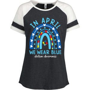 In April We Wear Blue Rainbow Autism Awareness Month Enza Ladies Jersey Colorblock Tee