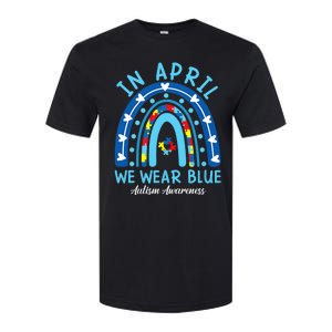 In April We Wear Blue Rainbow Autism Awareness Month Softstyle CVC T-Shirt