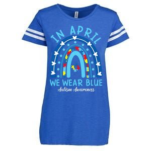 In April We Wear Blue Rainbow Autism Awareness Month Enza Ladies Jersey Football T-Shirt