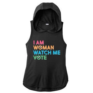 I Am Woman Watch Me Vote Ladies PosiCharge Tri-Blend Wicking Draft Hoodie Tank