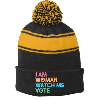 I Am Woman Watch Me Vote Stripe Pom Pom Beanie