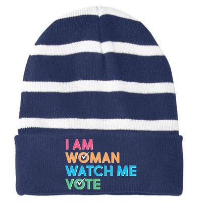 I Am Woman Watch Me Vote Striped Beanie with Solid Band