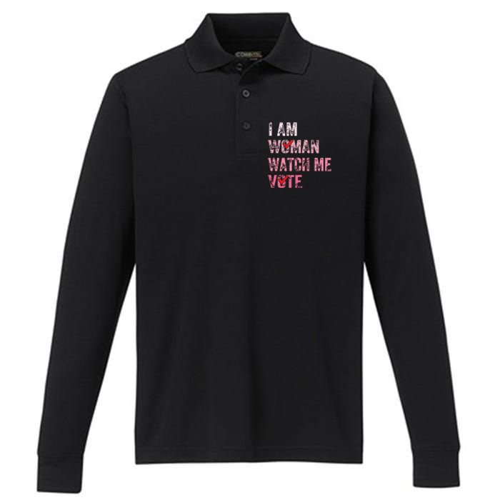 I Am Woman Watch Me Vote Vintage Voting Performance Long Sleeve Polo