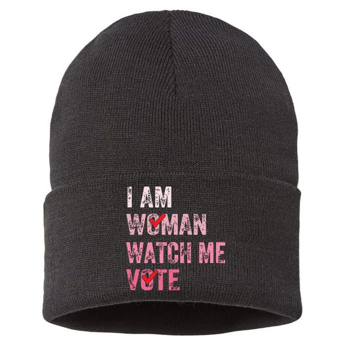 I Am Woman Watch Me Vote Vintage Voting Sustainable Knit Beanie