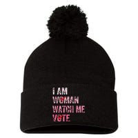 I Am Woman Watch Me Vote Vintage Voting Pom Pom 12in Knit Beanie