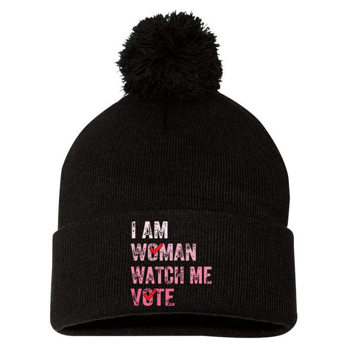 I Am Woman Watch Me Vote Vintage Voting Pom Pom 12in Knit Beanie