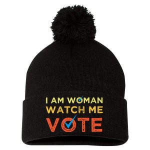 I Am Woman Watch Me Vote 2024 Pom Pom 12in Knit Beanie