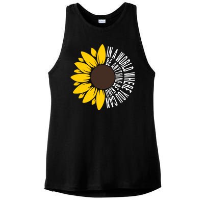 In A World Where You Can Be Anything Be Kind Sunflower Anti Bullying Ladies PosiCharge Tri-Blend Wicking Tank