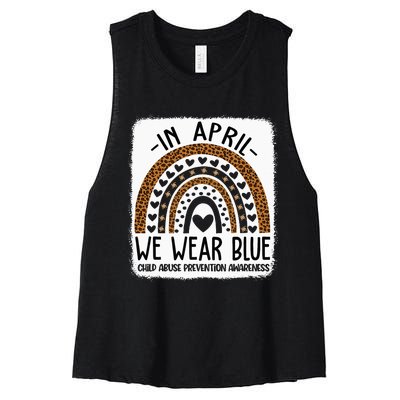 In April We Wear Blue Pinwheel Child Abuse Prevention Month Women's Racerback Cropped Tank