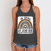 In April We Wear Blue Pinwheel Child Abuse Prevention Month Women's Knotted Racerback Tank