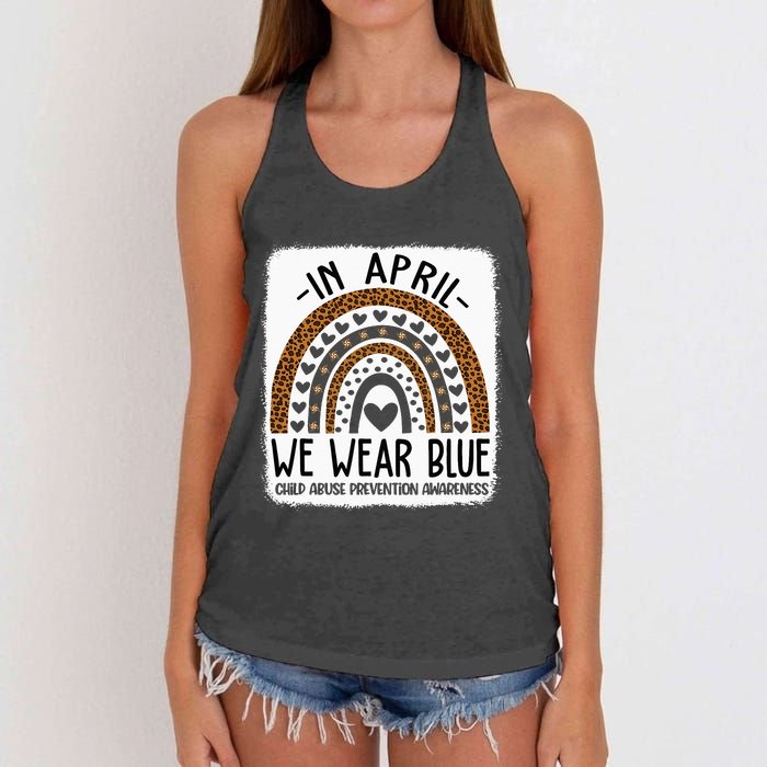 In April We Wear Blue Pinwheel Child Abuse Prevention Month Women's Knotted Racerback Tank