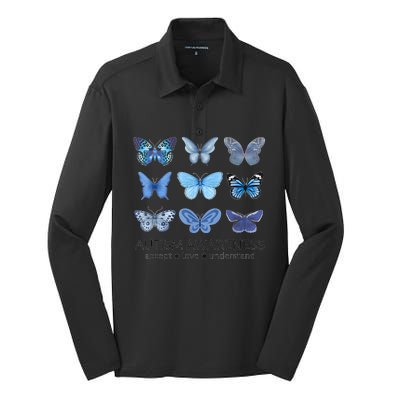 In April We Wear Blue Butterfly Autism Mental Health Silk Touch Performance Long Sleeve Polo