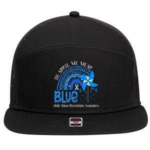 In April We Wear Blue For Child Abuse Prevention Awarenes Gifts 7 Panel Mesh Trucker Snapback Hat