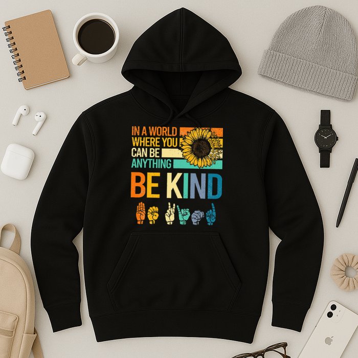 In A World Where You Can Be Anything Be Kind ASL Sunflower Hoodie