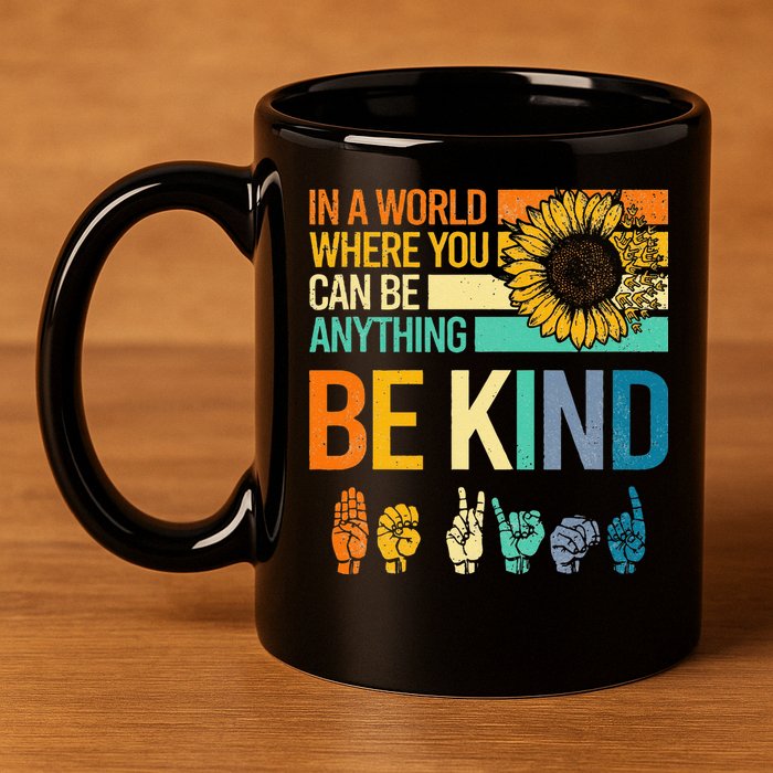 In A World Where You Can Be Anything Be Kind ASL Sunflower 11oz C Handle Ceramic Mug