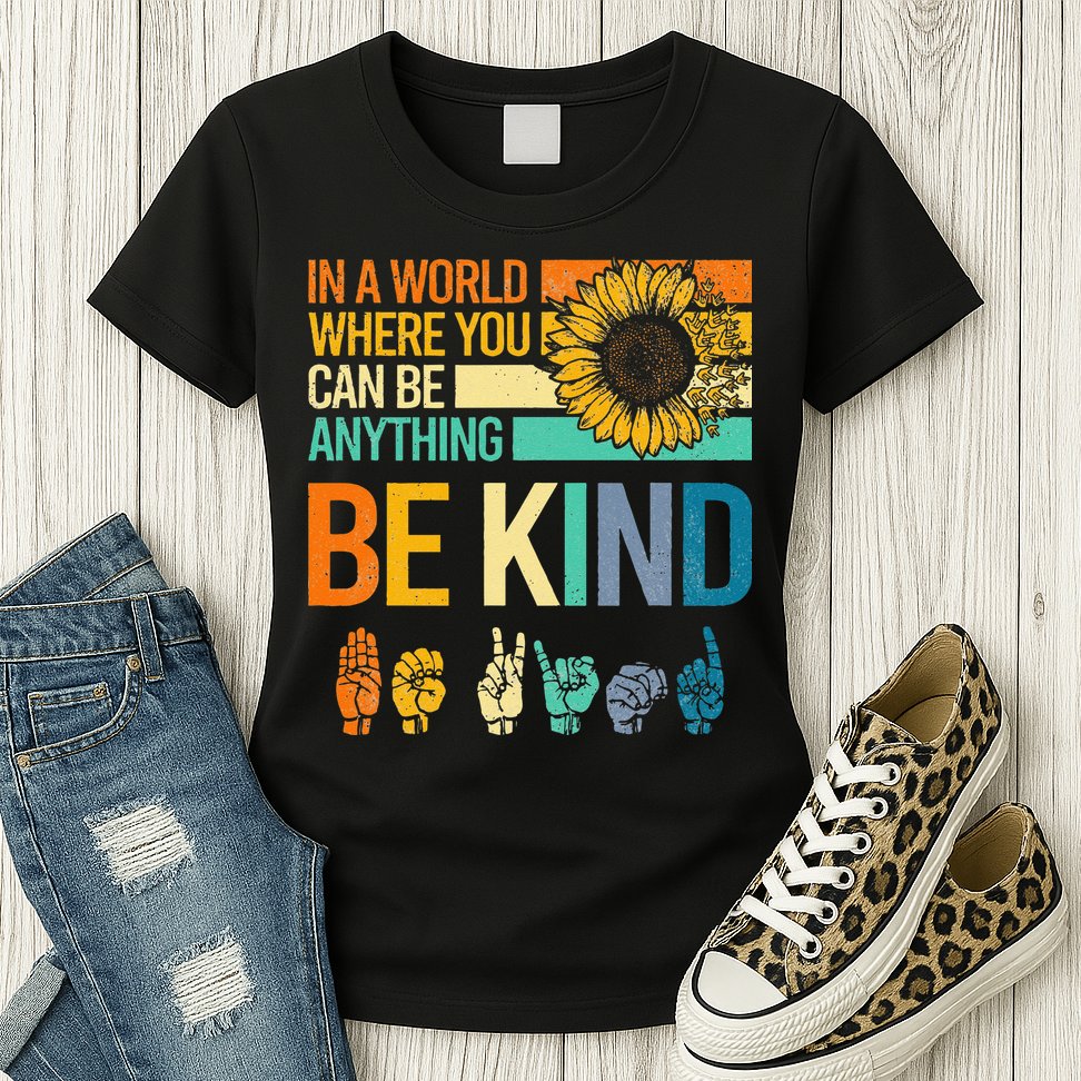 In A World Where You Can Be Anything Be Kind ASL Sunflower Womens T-Shirt
