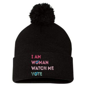 I Am Woman Watch Me Vote 2024 Pom Pom 12in Knit Beanie