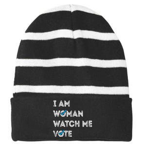 I Am Woman Watch Me Vote 2024 Striped Beanie with Solid Band