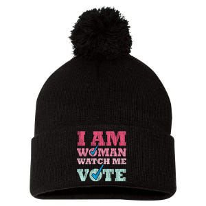 I Am Woman Watch Me Vote 2024 Pom Pom 12in Knit Beanie