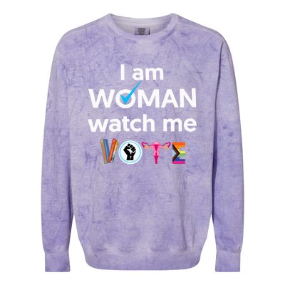 I Am Woman Watch Me Vote Childless Cat Lady Is Voting Kamala Colorblast Crewneck Sweatshirt