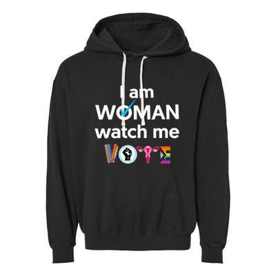 I Am Woman Watch Me Vote Childless Cat Lady Is Voting Kamala Garment-Dyed Fleece Hoodie