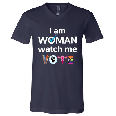 I Am Woman Watch Me Vote Childless Cat Lady Is Voting Kamala V-Neck T-Shirt