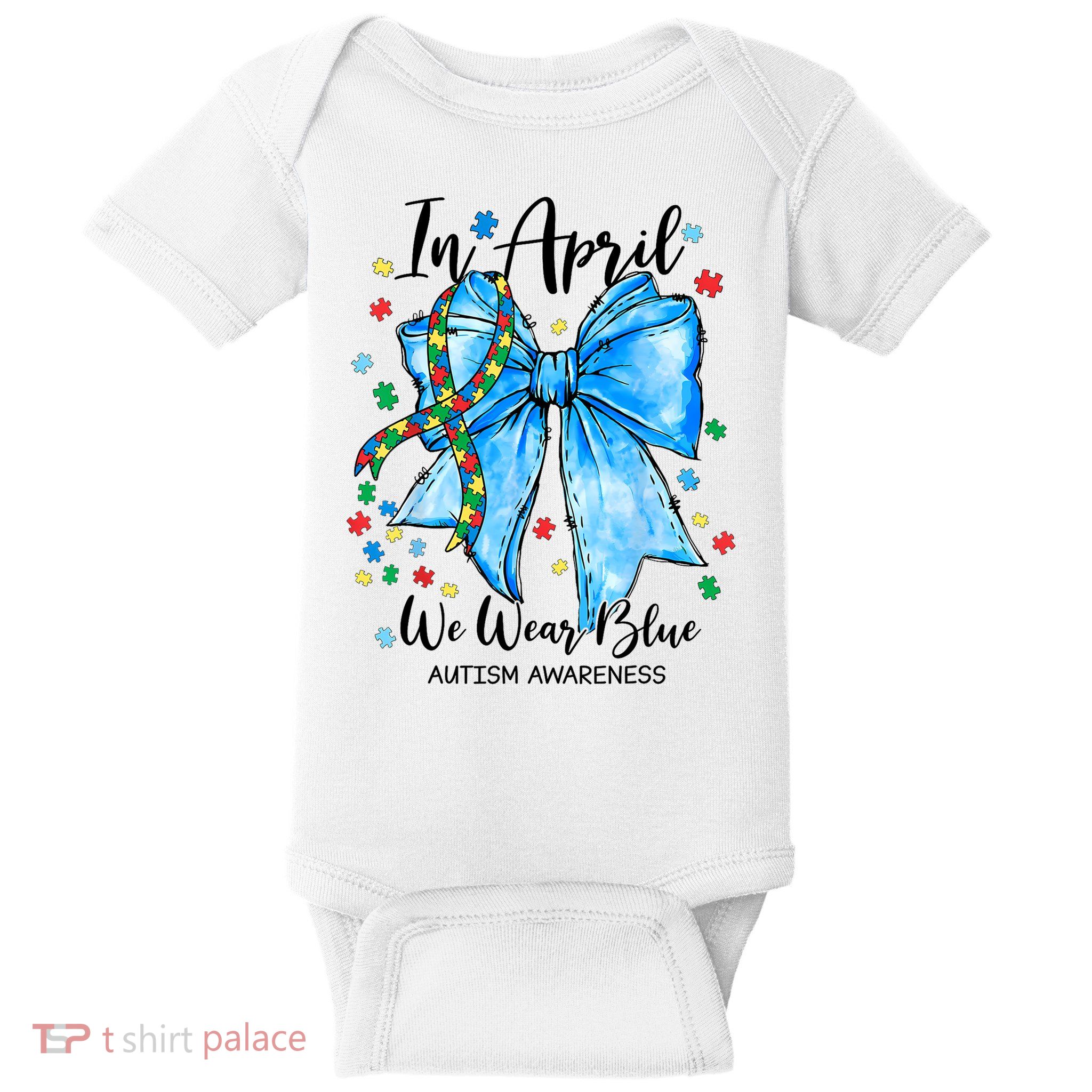 In April We Wear Blue For Autism Awareness Coquette Bow Baby Bodysuit