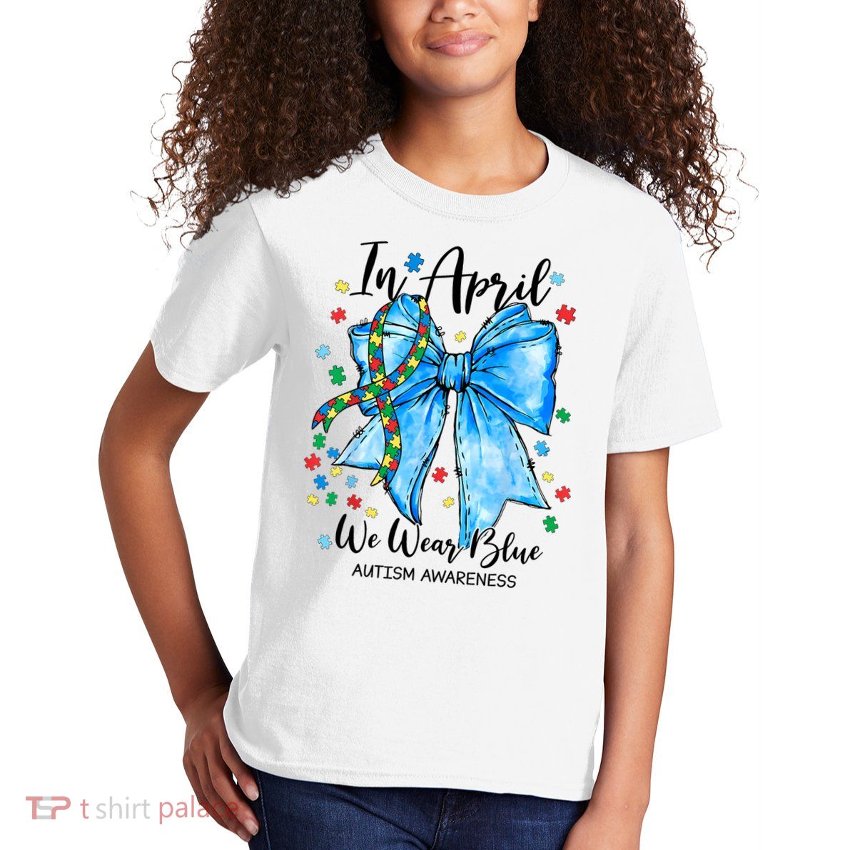 In April We Wear Blue For Autism Awareness Coquette Bow Kids T-Shirt