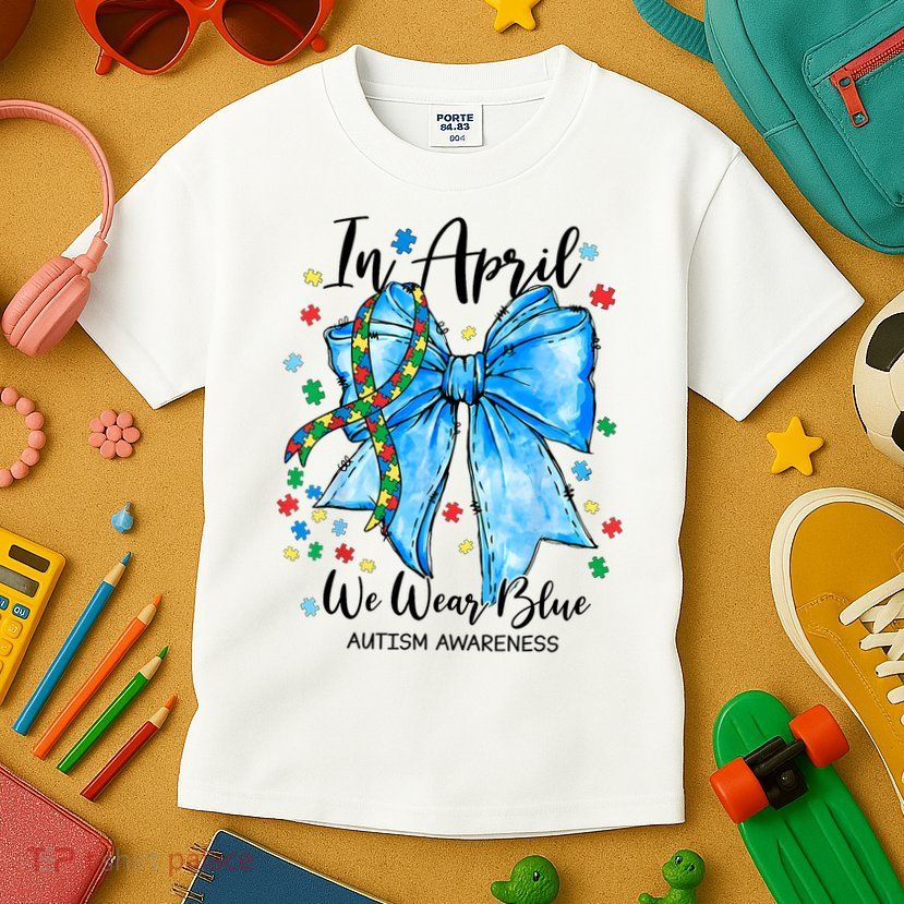 In April We Wear Blue For Autism Awareness Coquette Bow Kids T-Shirt