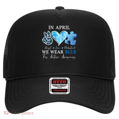 In April We Wear Blue Autism Awareness High Crown Mesh Back Trucker Hat