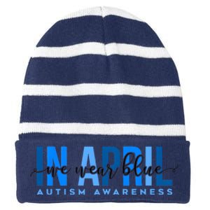 In April We Wear Blue Autism Awareness Striped Beanie with Solid Band