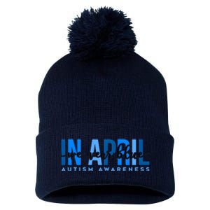 In April We Wear Blue Autism Awareness Pom Pom 12in Knit Beanie