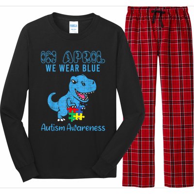 In April We Wear Blue Autism Awareness Month Dinosaur Long Sleeve Pajama Set