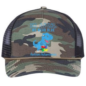 In April We Wear Blue Autism Awareness Month Dinosaur Retro Rope Trucker Hat Cap