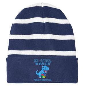 In April We Wear Blue Autism Awareness Month Dinosaur Striped Beanie with Solid Band