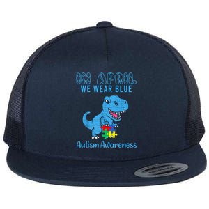 In April We Wear Blue Autism Awareness Month Dinosaur Flat Bill Trucker Hat