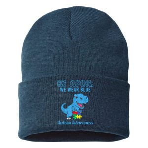 In April We Wear Blue Autism Awareness Month Dinosaur Sustainable Knit Beanie